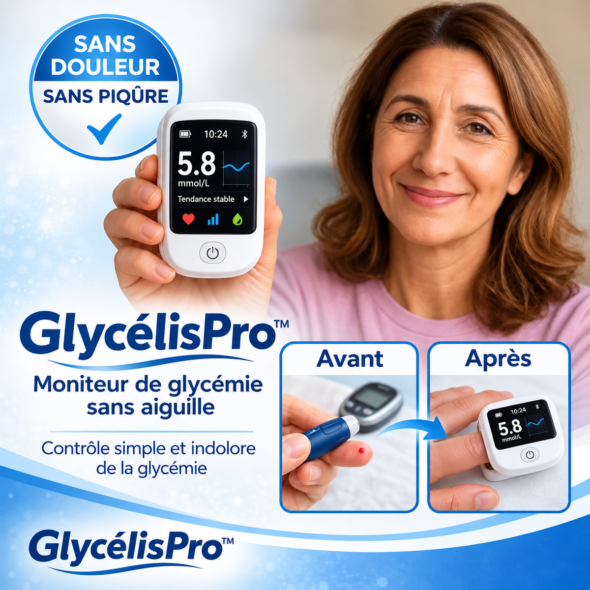GlycélisPro™ Moniteur Sans Aiguille | Oubliez les piqûres, posez votre doigt et contrôlez votre glycémie en 5 secondes sans douleur !