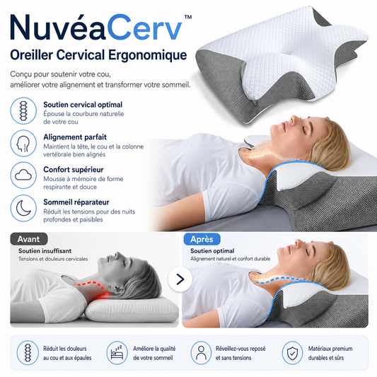 NuvéaCerv™ Oreiller Cervical Ergonomique | Élimine les douleurs cervicales dès la première nuit!