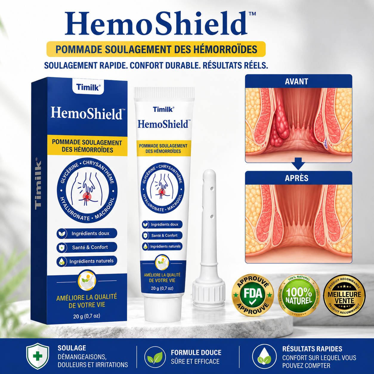 HemoShield™ Pommade Anti-Hémorroïdes | Calmez brûlures, démangeaisons et gonflements dès les premières applications !