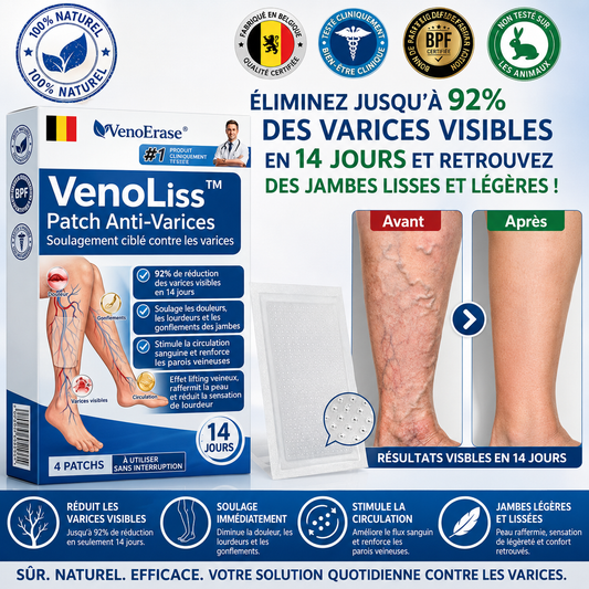 VenoLiss™ Patch Anti-Varices | Effacez jusqu’à 92% des varices visibles en 14 jours et retrouvez des jambes lisses sans honte !