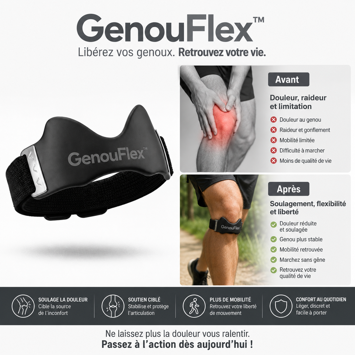 GenouFlex™ Sangle Rotulienne | Soulagez vos douleurs de genou en moins de 5 minutes sans attelle encombrante !