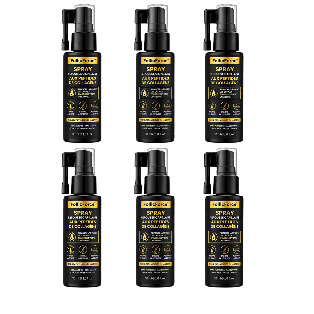 FollicForce™ Spray Repousse Capillaire aux Peptides de Collagène | Relancez la pousse des cheveux et épaississez votre chevelure en 3 minutes !