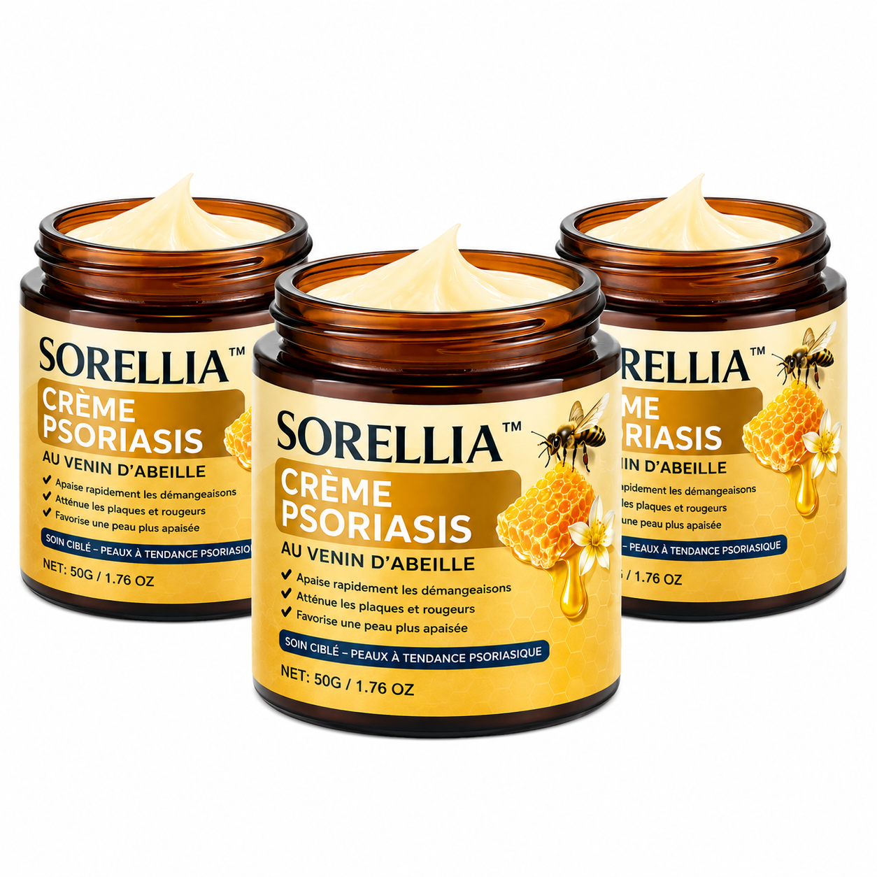 Sorellia™ Crème Psoriasis au Venin d’Abeille | Éliminez plaques, démangeaisons et rougeurs en quelques minutes !