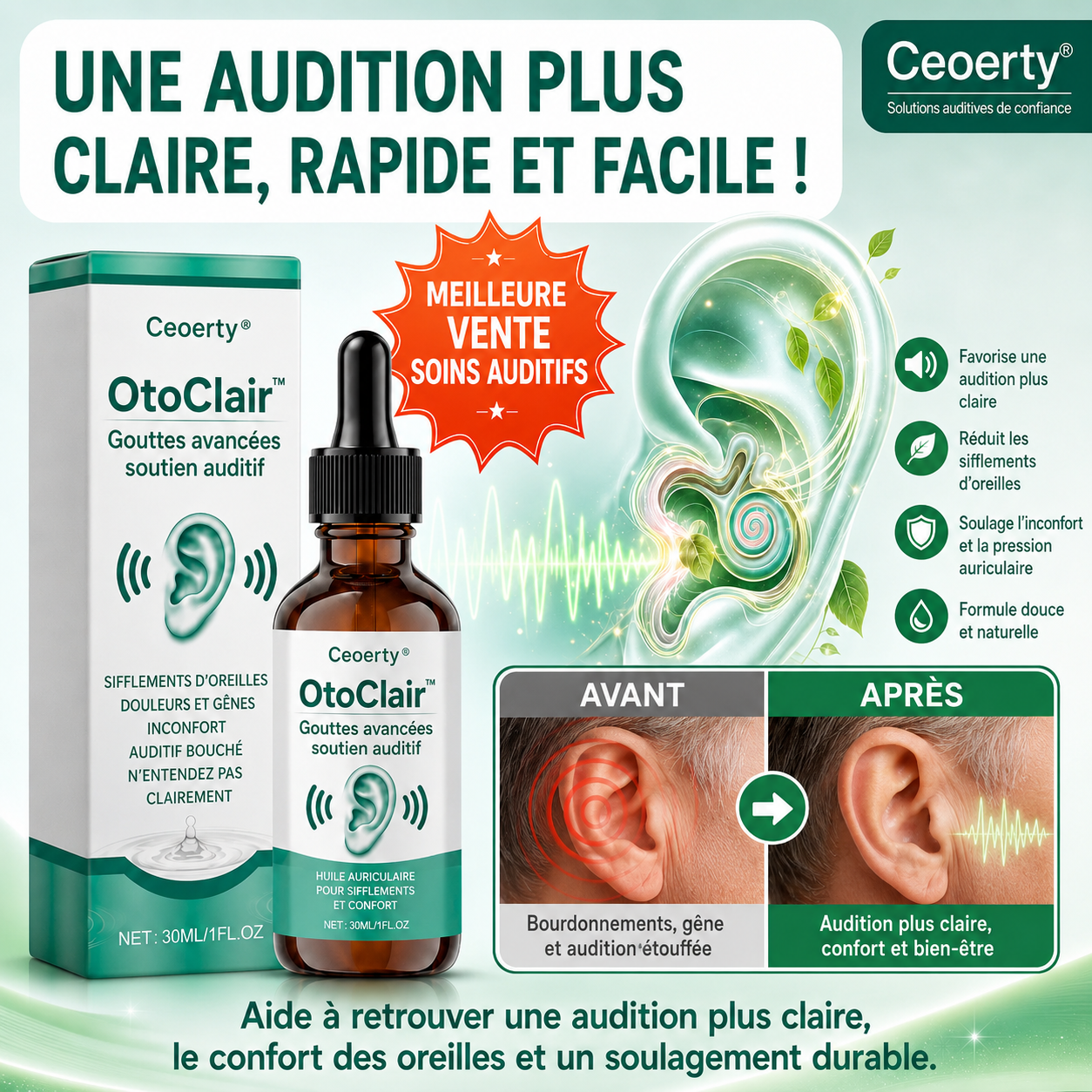 OtoClair™ Gouttes Auriculaires | Débouchez vos oreilles et retrouvez une écoute plus claire en quelques gouttes !