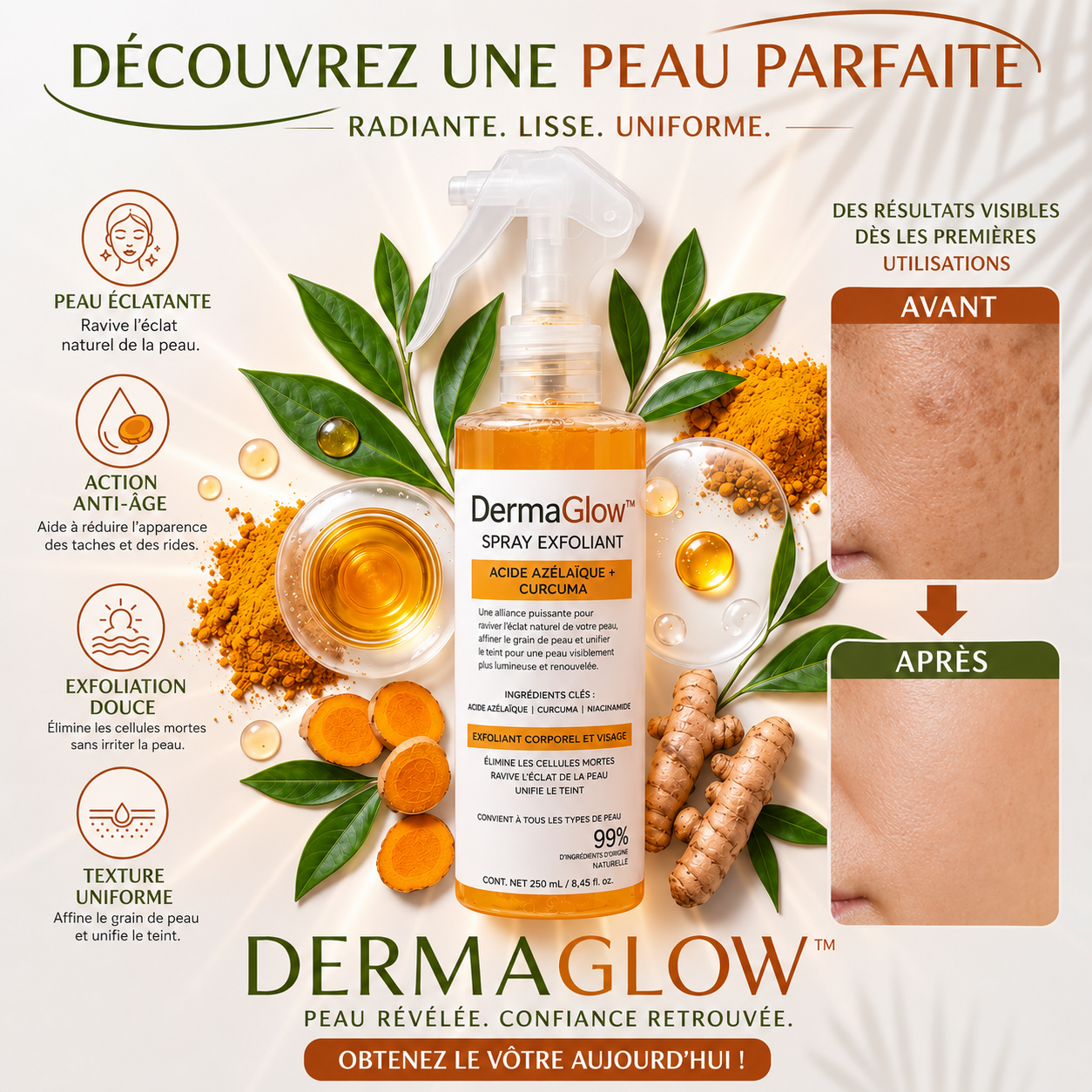 DermaGlow™ Spray Peel Shot Anti-Taches | Retrouvez une peau lisse, claire et lumineuse dès les premières applications !