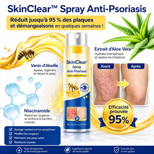 SkinClear™ Spray Anti-Psoriasis | Réduit jusqu’à 95 % des plaques et démangeaisons en quelques semaines !