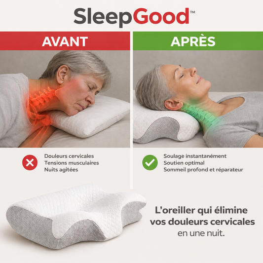 SleepGood™ Oreiller Cervical Orthopédique Révolutionnaire | Éliminez ronflements et douleurs cervicales dès la première nuit !