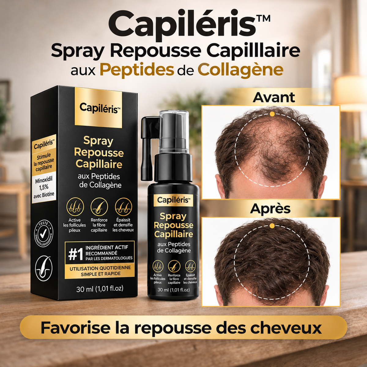 Capiléris™ Spray Repousse Capillaire aux Peptides de Collagène | Relancez la pousse des cheveux et épaississez vo