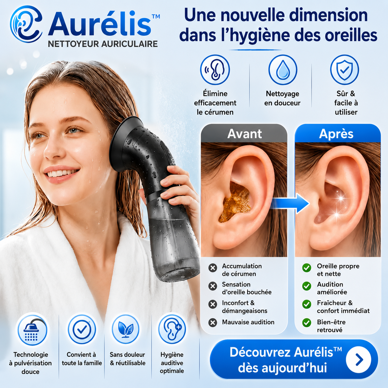 Aurélis™ Nettoyeur Auriculaire | Éliminez le cérumen en profondeur en quelques minutes et retrouvez une audition claire !