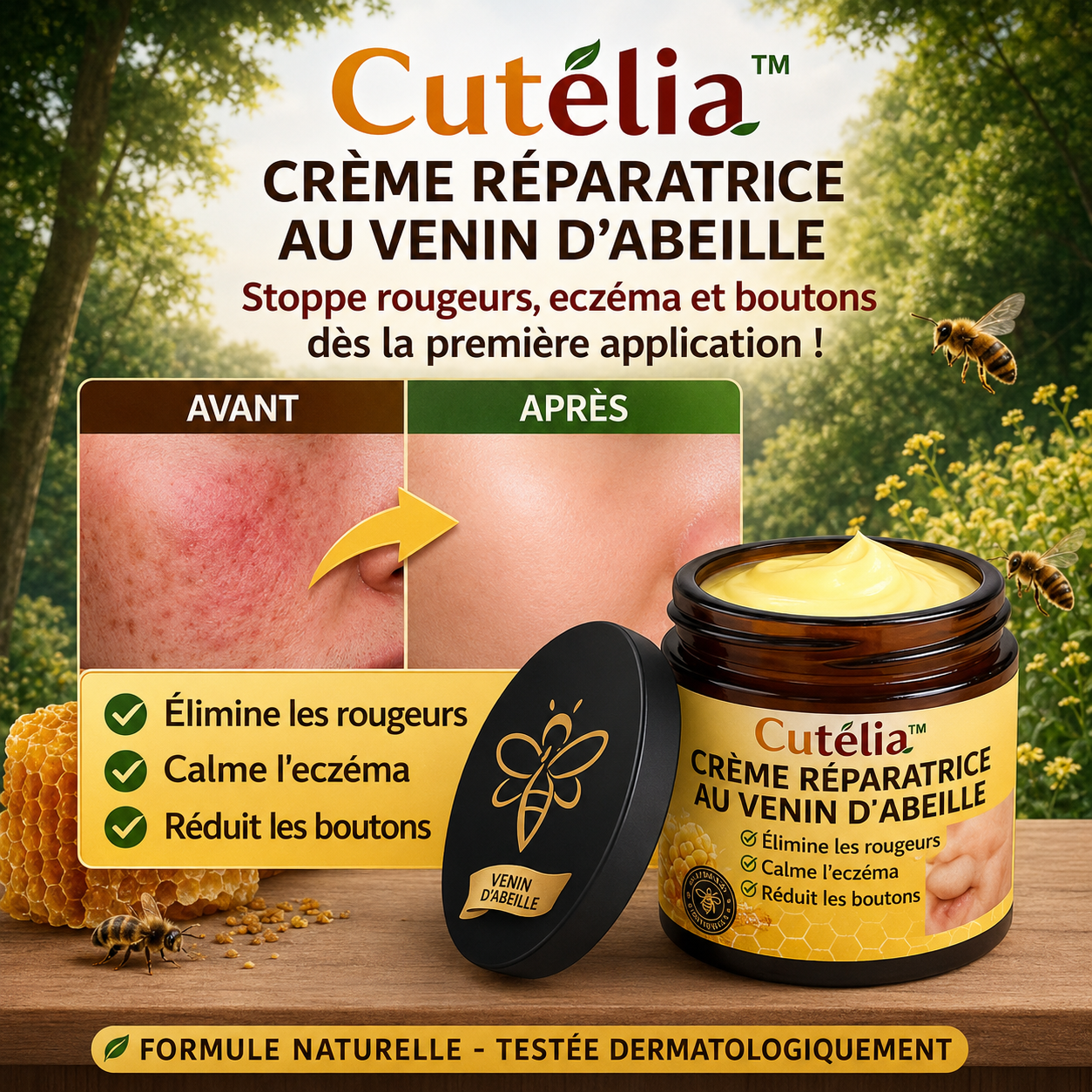 Cutélia™ Crème Réparatrice au Venin d’Abeille | Stoppe rougeurs, eczéma et boutons dès la première application !