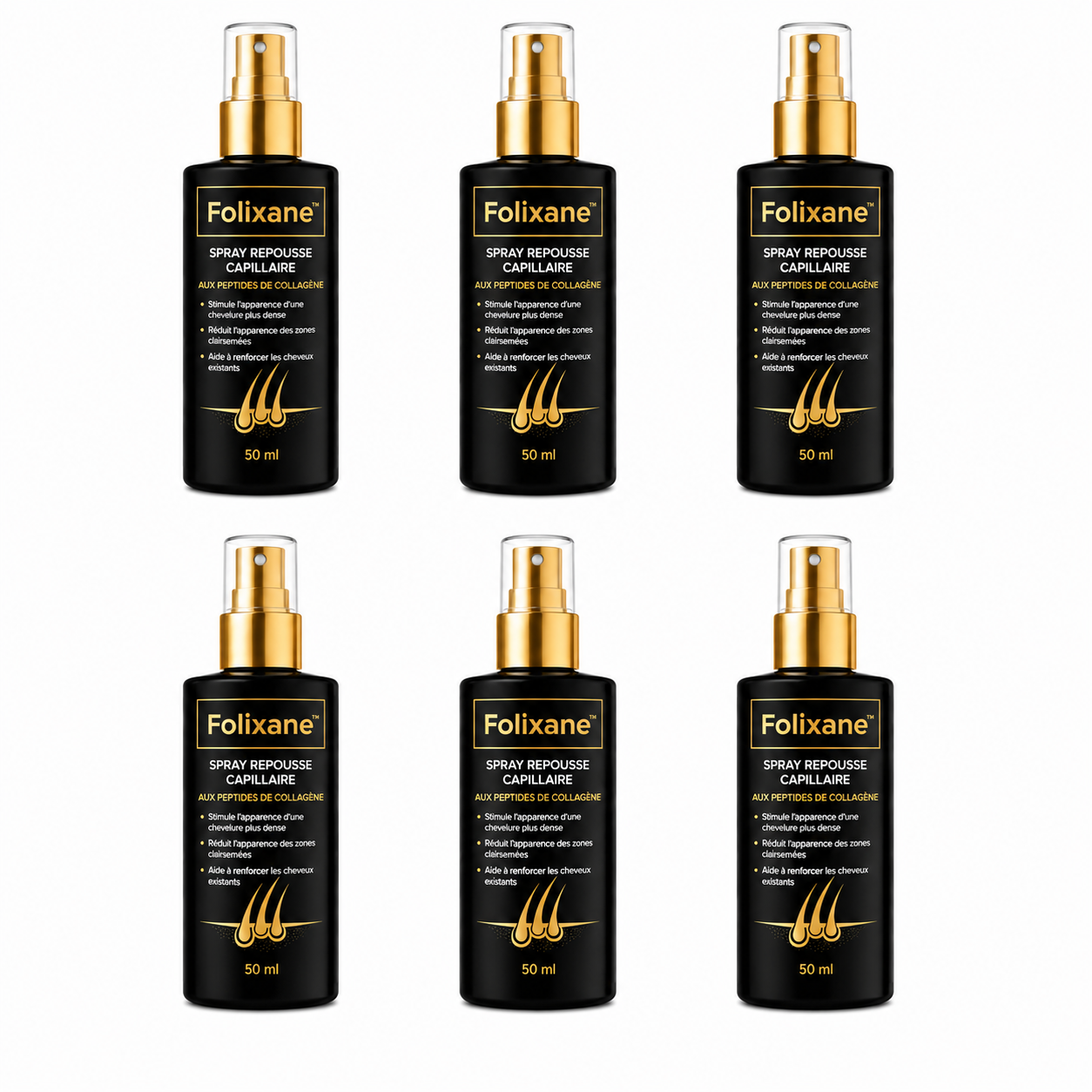 Folixane™ Spray Repousse Capillaire aux Peptides de Collagène | Relancez la pousse des cheveux et épaississez votre chevelure en 3 minutes!