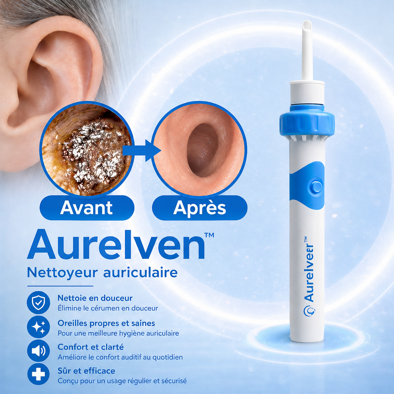 Aurelven™ Nettoyeur Auriculaire | Éliminez 95 % du cérumen en 60 secondes chrono !