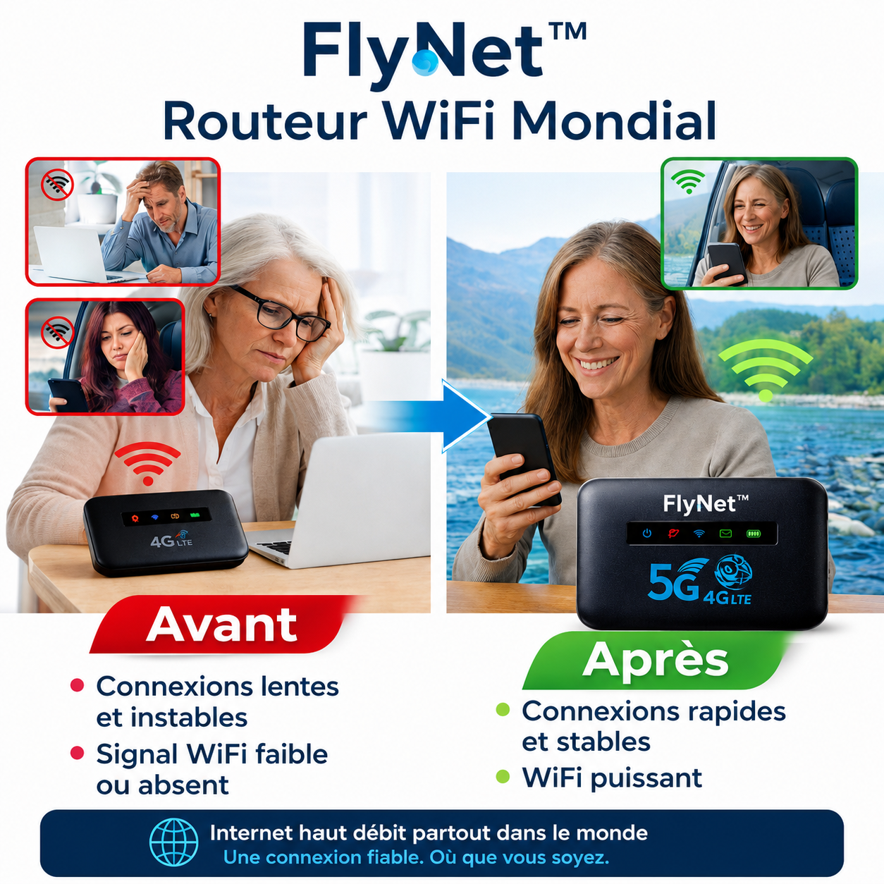 FlyNet™ Routeur WiFi Mondial | Internet 4G/5G dans 196 pays en 5 secondes chrono, sans surcoût!