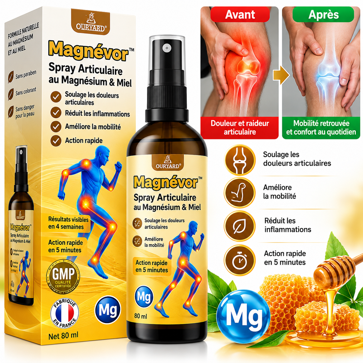Magnévor™ Spray Articulaire au Magnésium & Miel | Répare vos articulations douloureuses en 10 minutes!