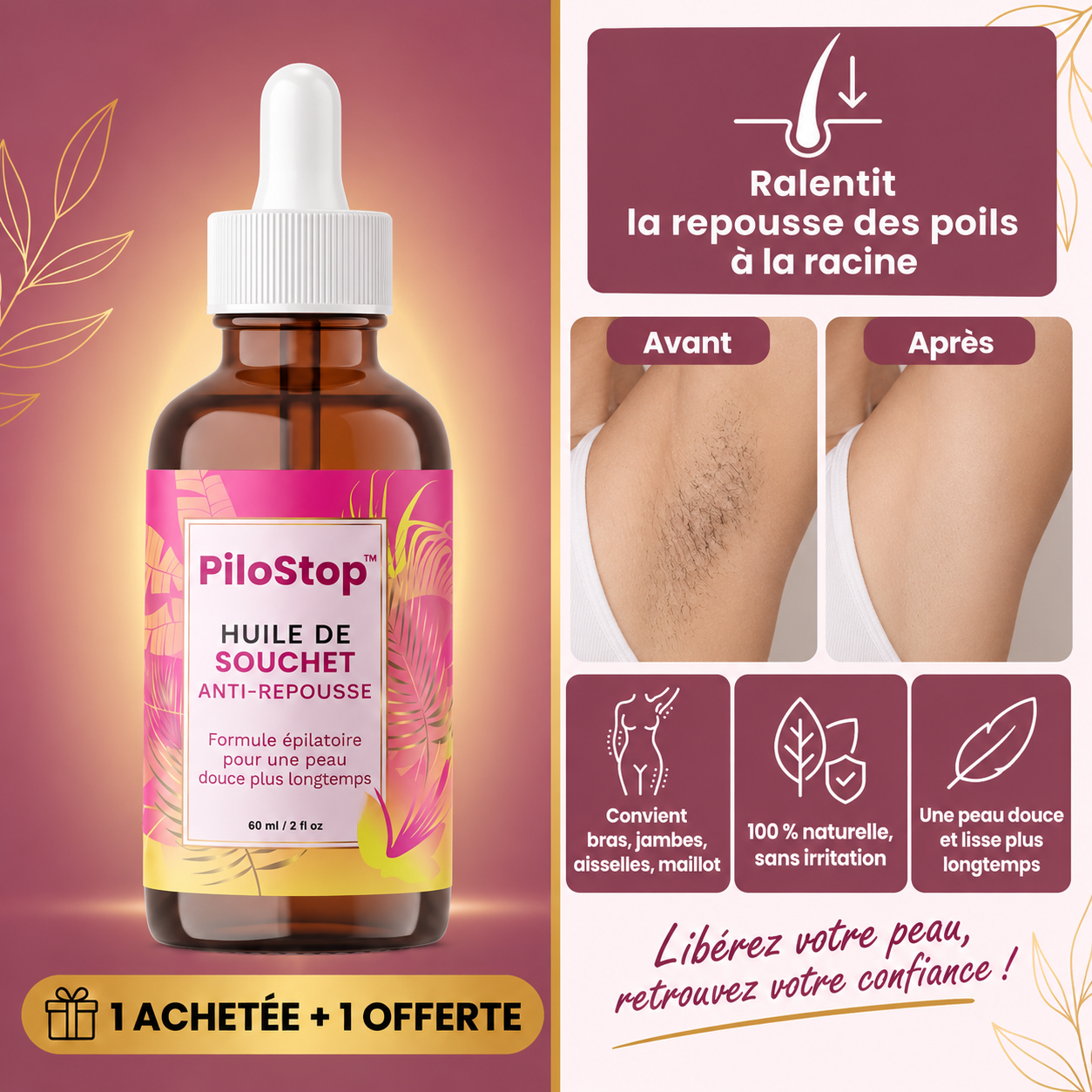 PiloStop™ Huile Anti-Repousse au Cyperus Rotundus | Ralentissez la repousse à la racine et gardez une peau lisse sans rasoir !