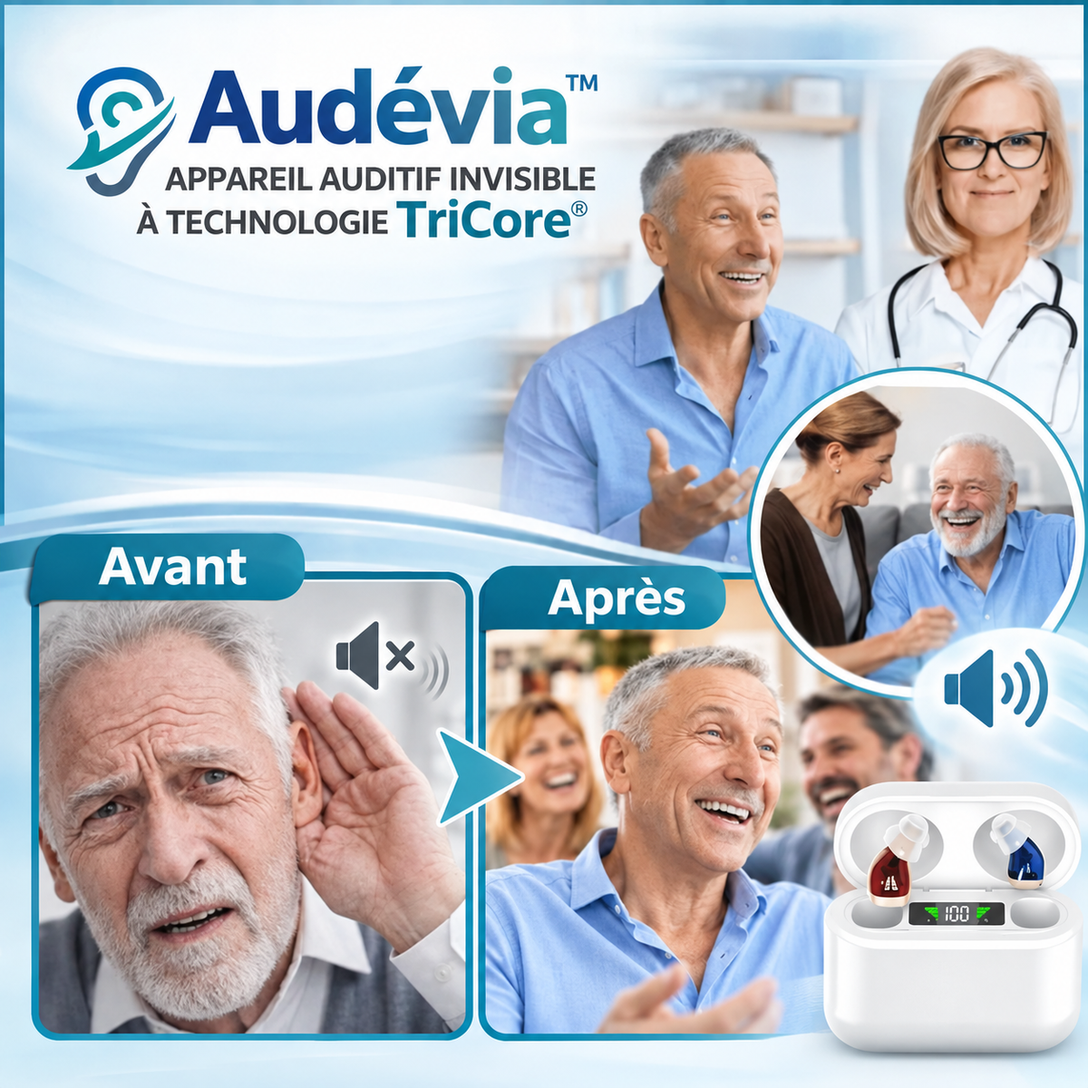 Audévia™ Appareil Auditif Invisible à Technologie TriCore | Entendez parfaitement en 3 secondes, sans aucun sifflement !