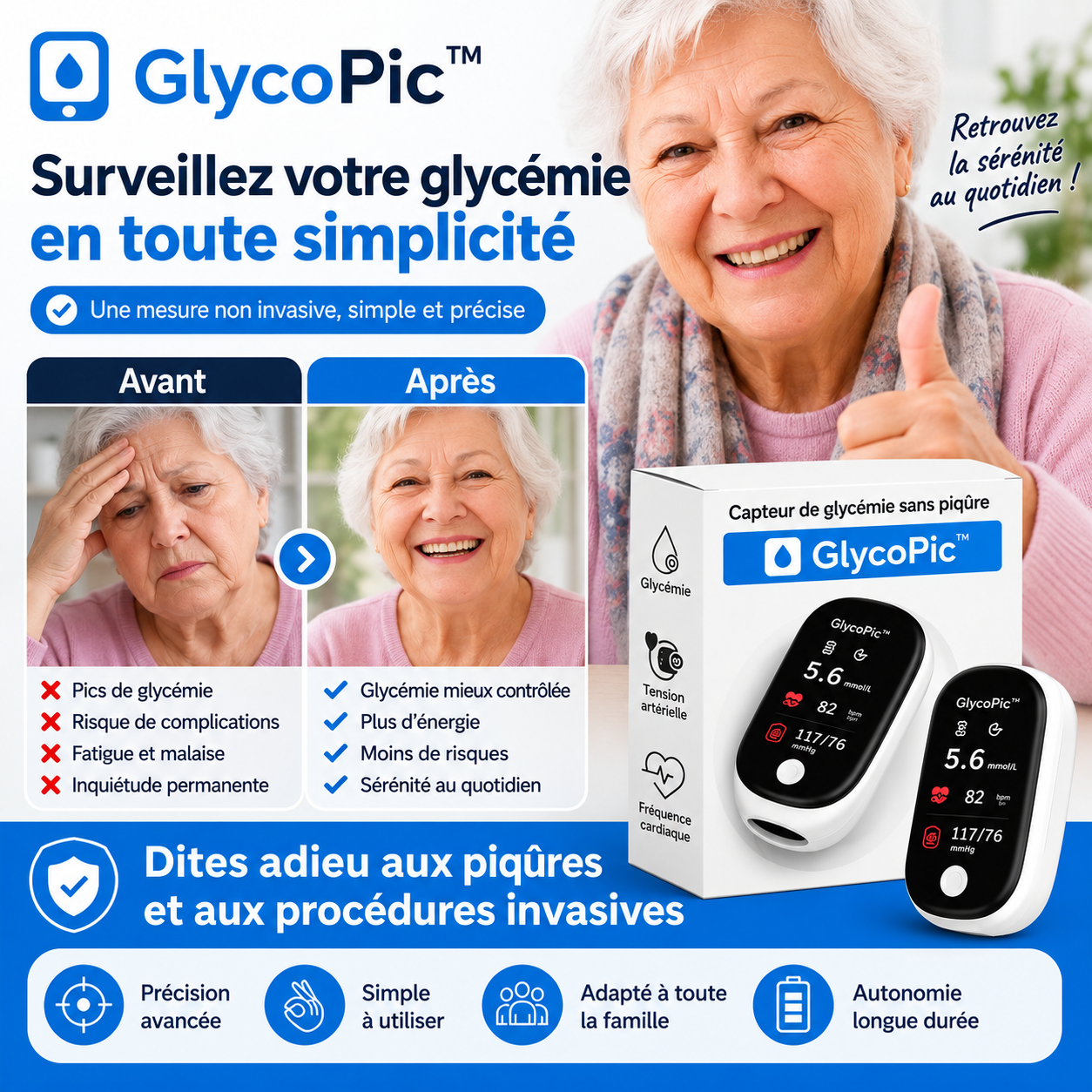 GlycoPic™ Capteur Glycémie Sans Piqûre | Vérifiez votre sucre en 5 secondes, sans sang ni douleur !