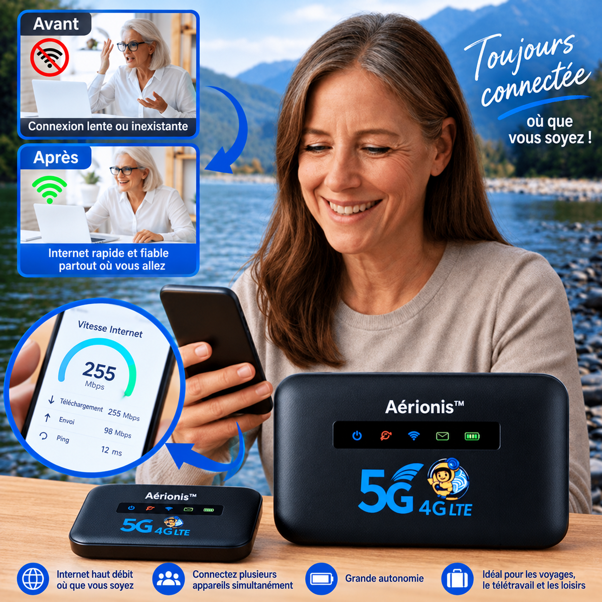 Aérionis™ Routeur Wi-Fi Mondial | Débloquez un internet ultra-rapide dans plus de 150 pays en moins de 5 secondes !