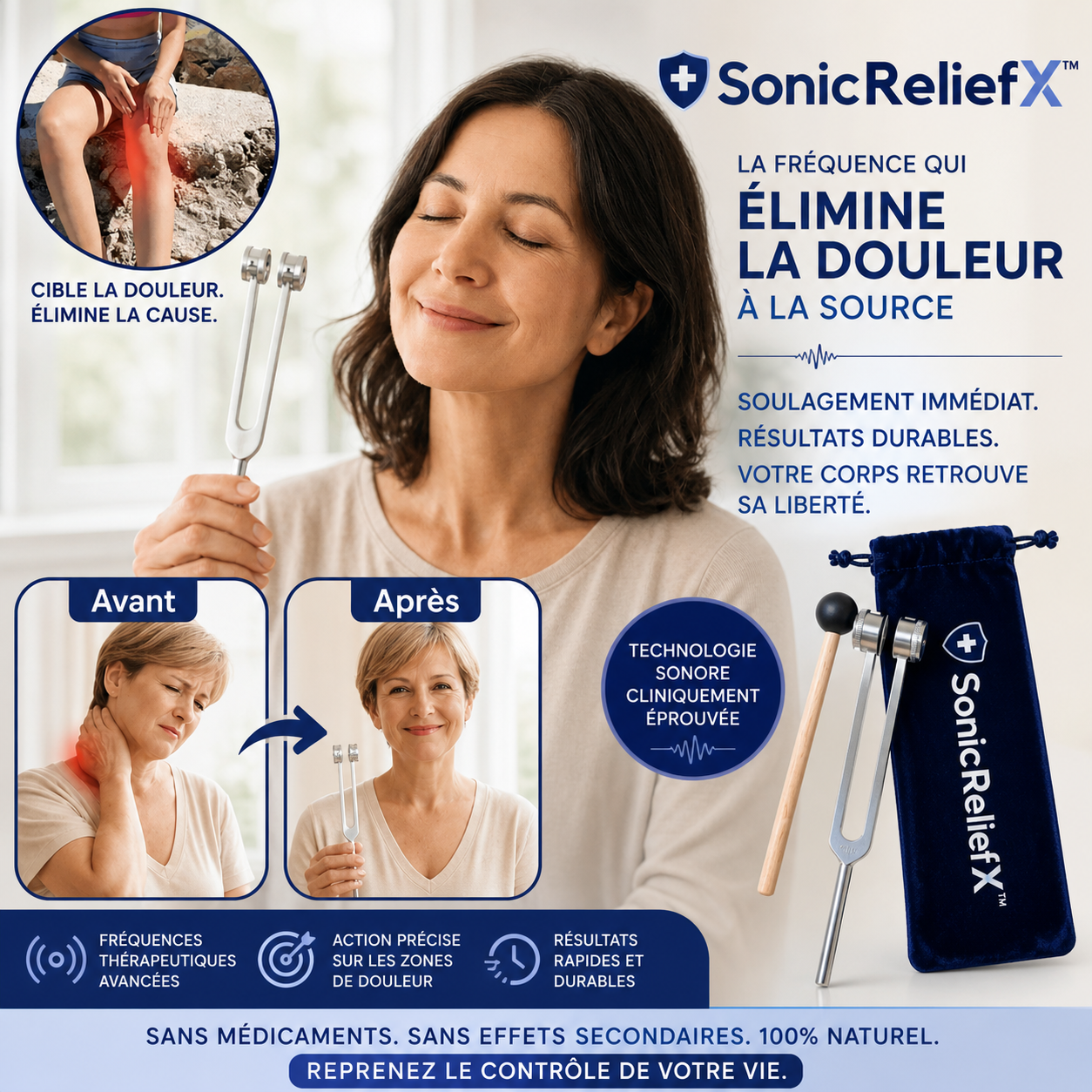 SonicReliefX™ Thérapie Sonore | Éliminez jusqu’à 92 % de la douleur en 5 minutes sans médicaments !