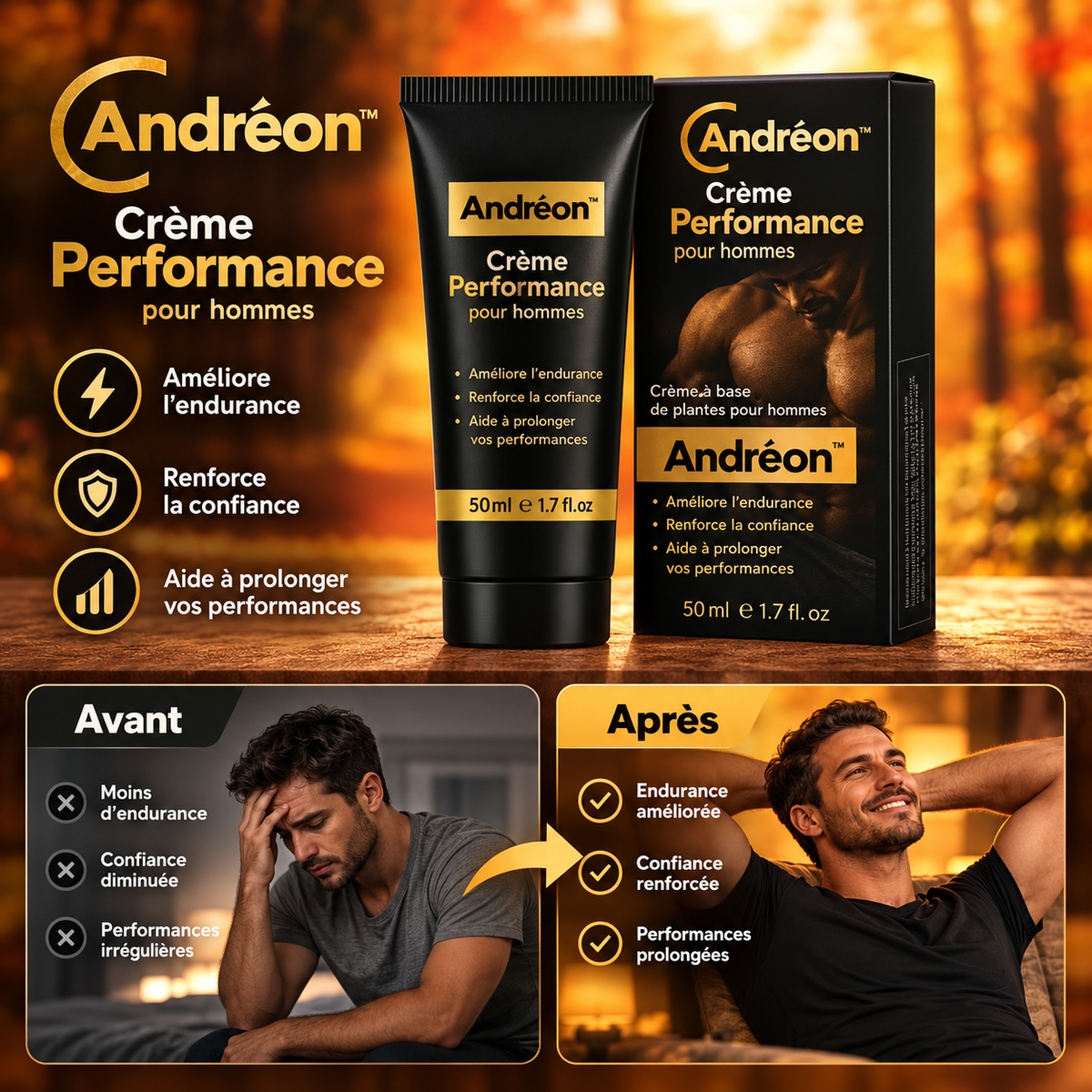 Andréon™ Crème Performance | Gagnez 4 cm et tenez 3 fois plus longtemps dès la 1ère application !