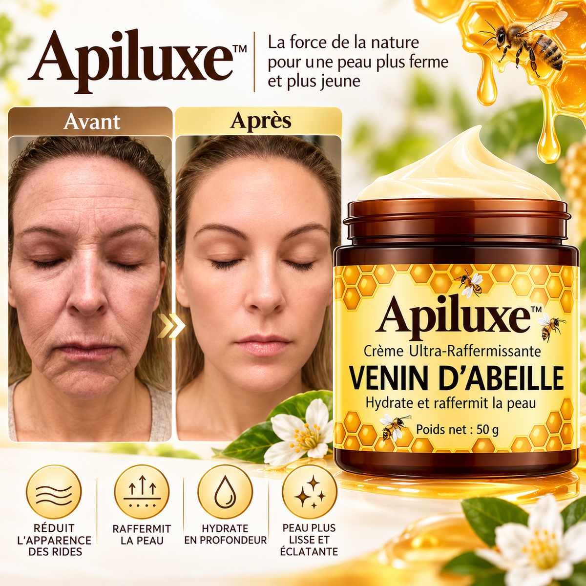 Apiluxe™ Crème Ultra-Raffermissante au Venin d’Abeille | Effacez les rides en 5 minutes !