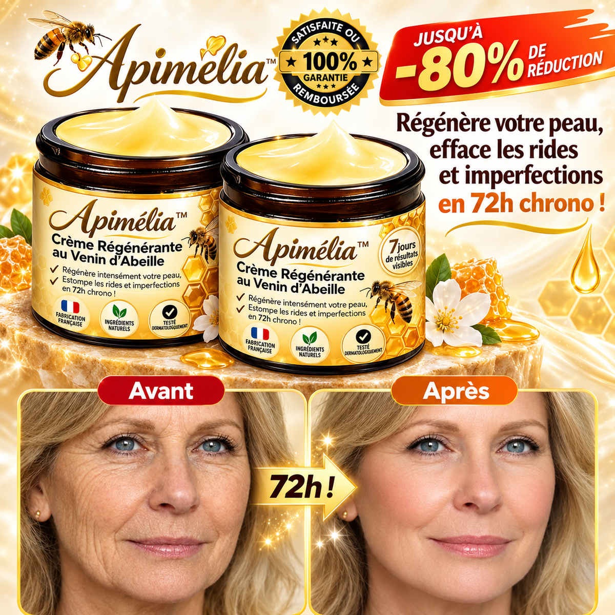Apimélia™ Crème Régénérante au Venin d’Abeille | Régénère votre peau, efface les rides et imperfections en 72h chrono !
