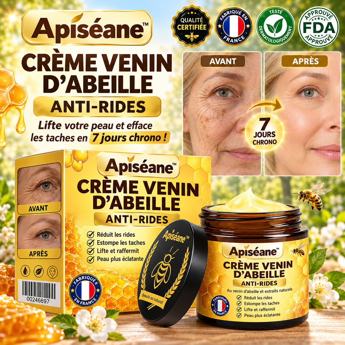Apiséane™ Crème Venin d’Abeille Anti-Rides | Lifte votre peau et efface les taches en 7 jours chrono!