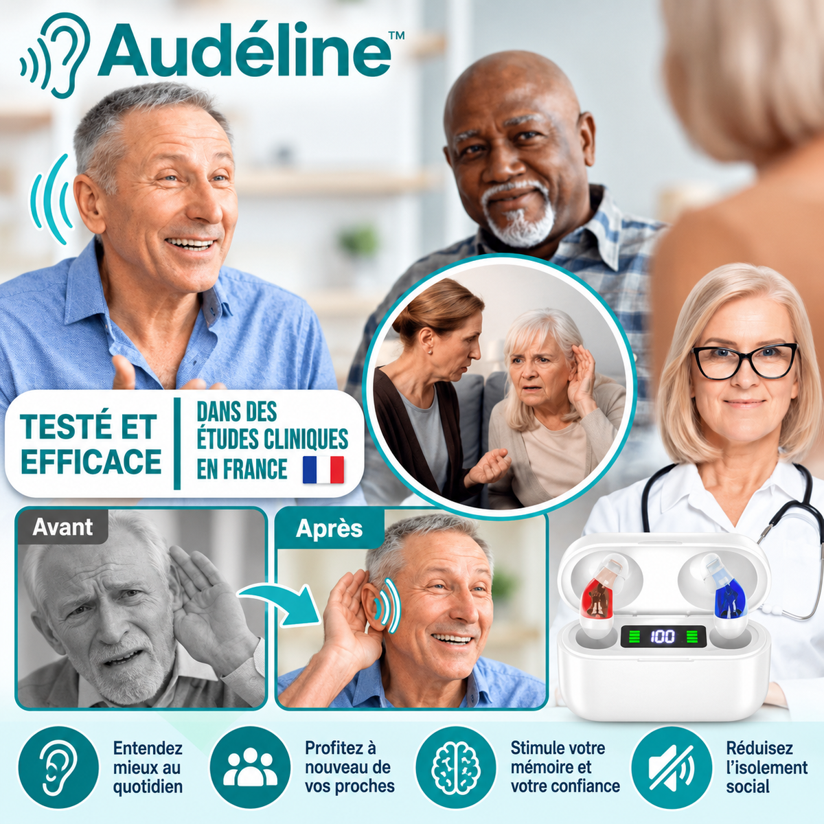 Audéline™ Appareil Auditif Invisible à Technologie TriCore | Entendez parfaitement en 3 secondes, sans aucun sifflement !