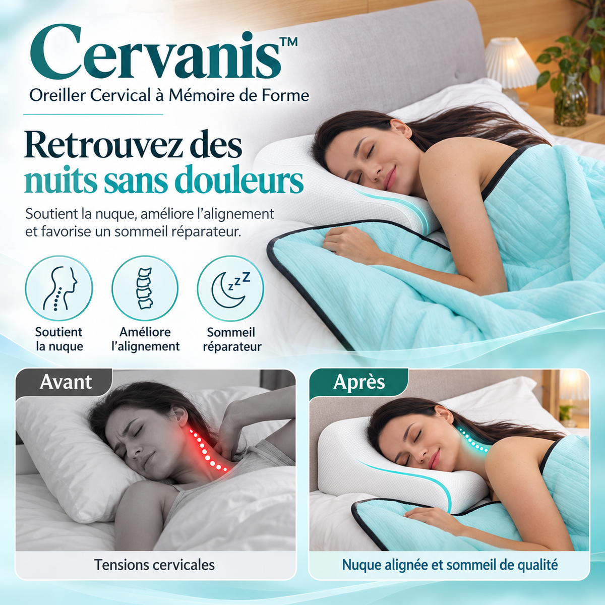Cervanis™ Oreiller Cervical à Mémoire de Forme | Retrouvez des nuits sans douleurs en 3 minutes !