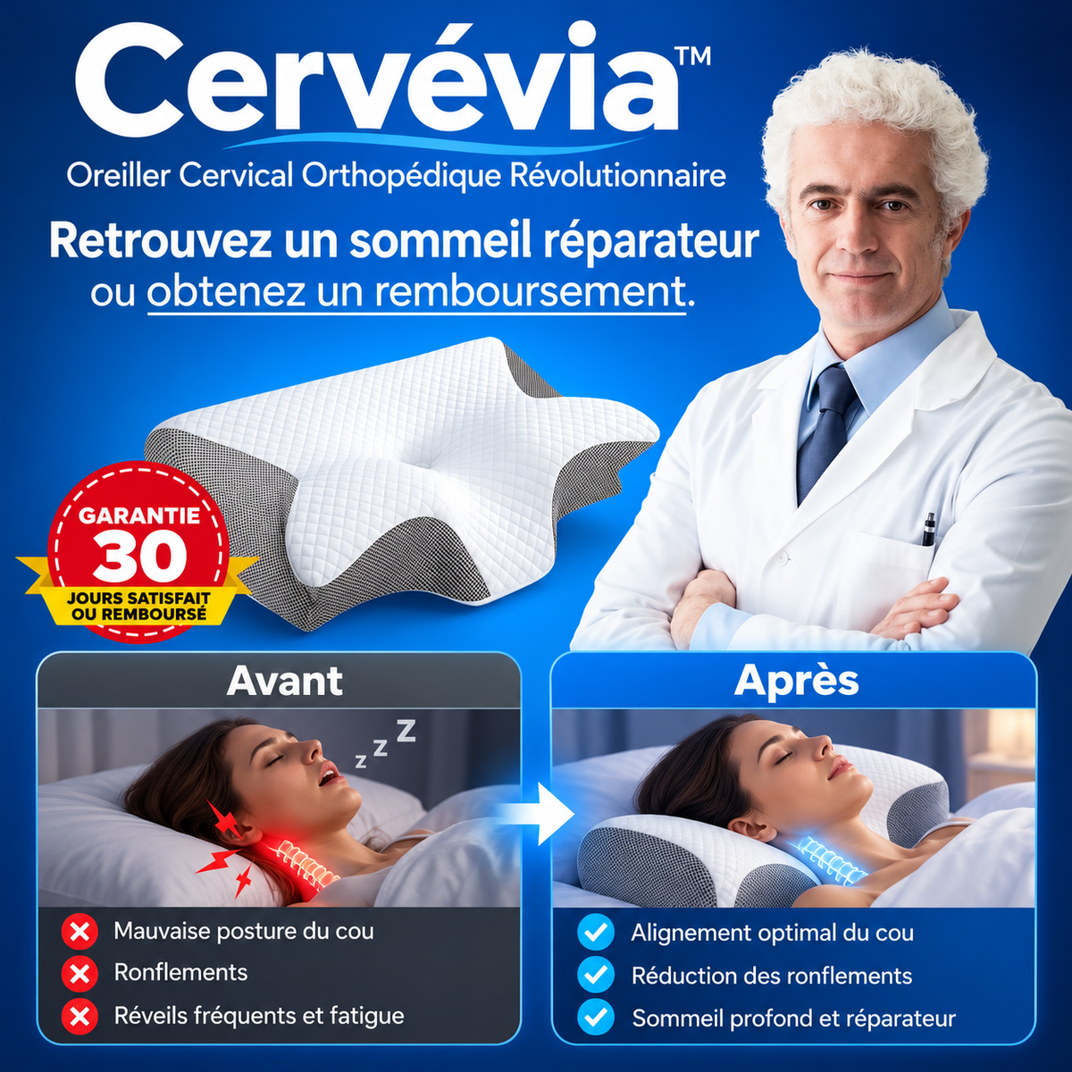 Cervévia™ Oreiller Cervical Orthopédique Révolutionnaire | Éliminez ronflements et douleurs cervicales dès la première nuit !