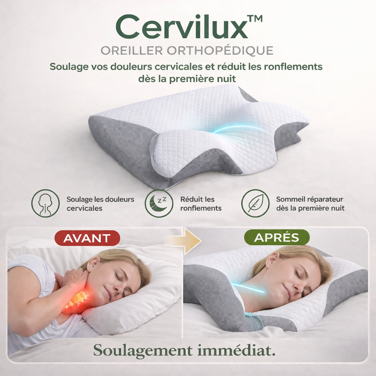 Cervilux™ Oreiller Orthopédique | Soulage vos douleurs cervicales et réduit les ronflements dès la première nuit