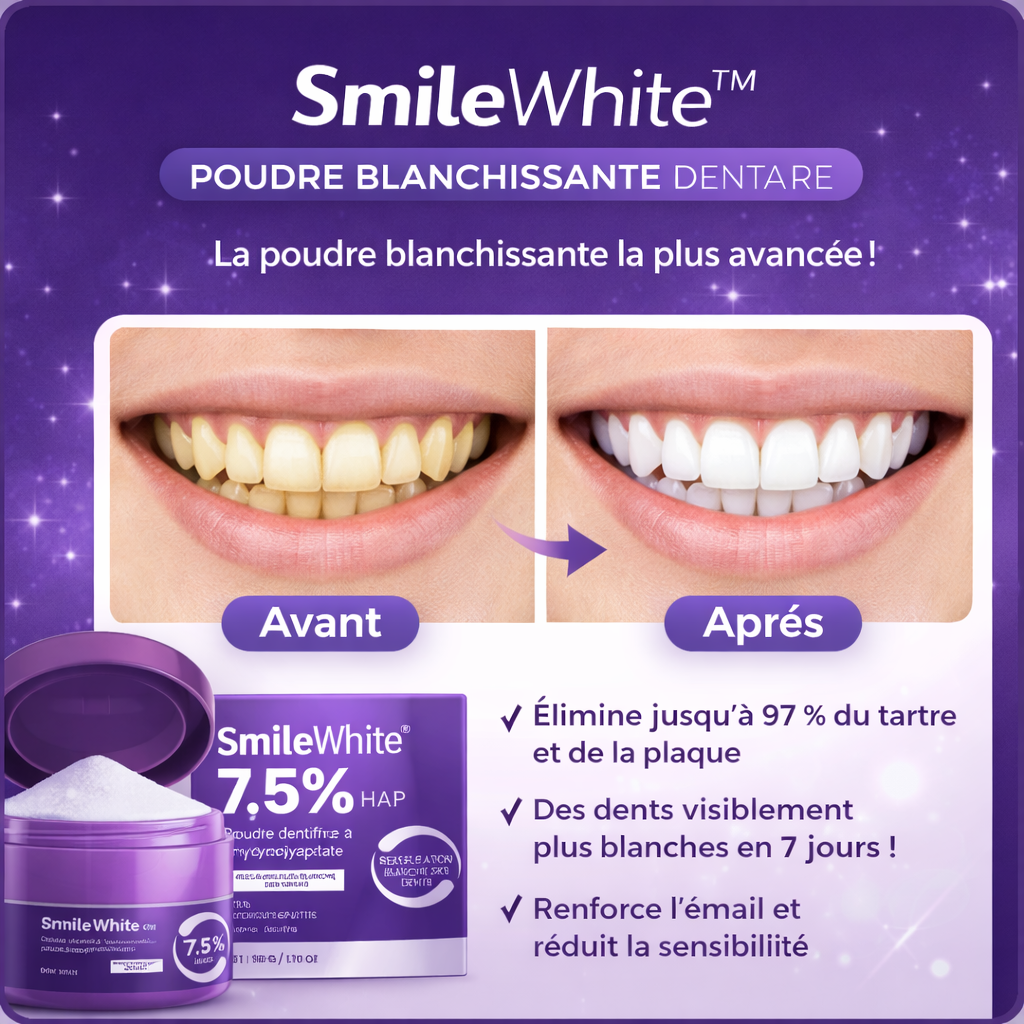 SmileWhite™ Poudre Blanchissante Dentaire | Éliminez plaque et tartre et retrouvez des dents blanches en 7 jours chrono !