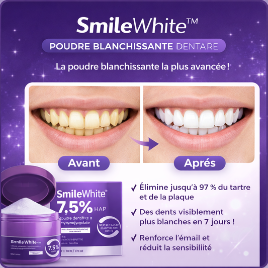 SmileWhite™ Poudre Blanchissante Dentaire | Éliminez plaque et tartre et retrouvez des dents blanches en 7 jours chrono !