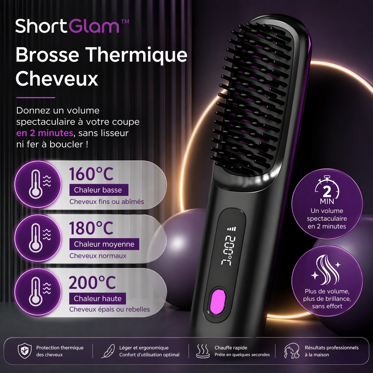 ShortGlam™ Brosse Thermique Cheveux | Donnez un volume spectaculaire à votre coupe en 2 minutes, sans lisseur ni fer à boucler !