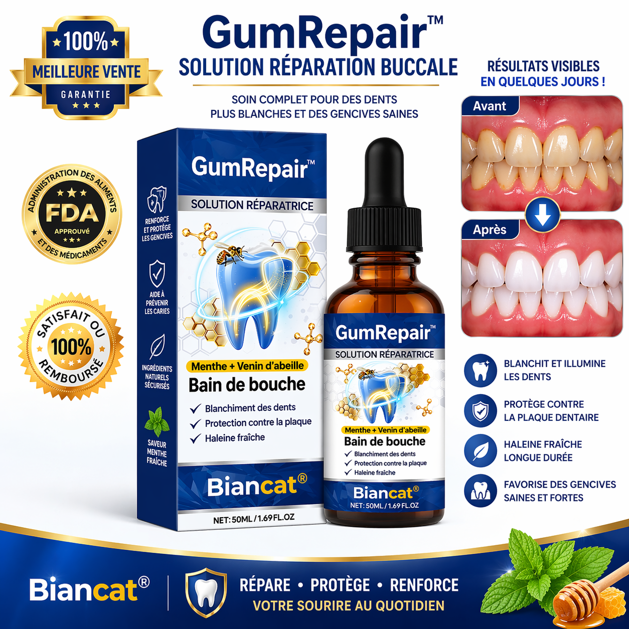GumRepair™ Solution Réparation Buccale | Stoppez le déchaussement et renforcez vos gencives en quelques jours !