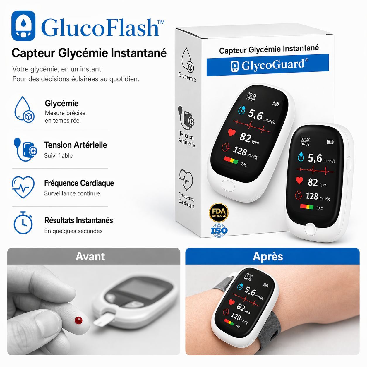 GlucoFlash™ Capteur Glycémie Instantané | Contrôlez votre glycémie en 5 secondes, sans piqûres, sans douleur !