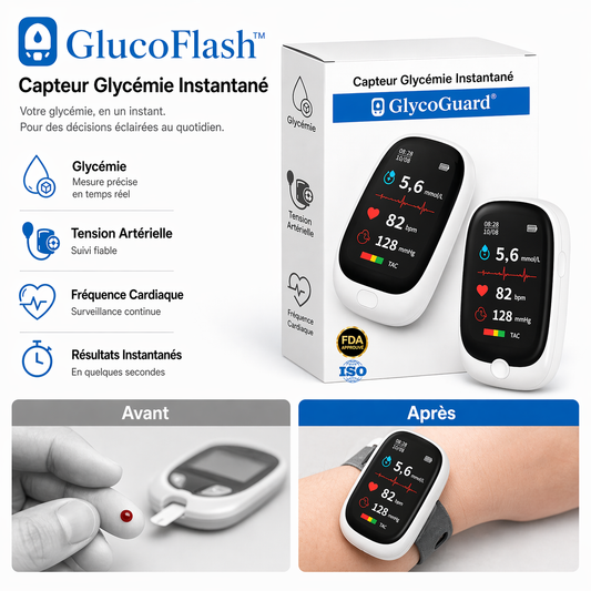 GlucoFlash™ Capteur Glycémie Instantané | Contrôlez votre glycémie en 5 secondes, sans piqûres, sans douleur !