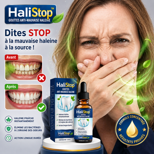 HaliStop™ Gouttes Anti-Mauvaise Haleine | Éliminez les mauvaises odeurs et purifiez votre bouche en 5 minutes chrono !