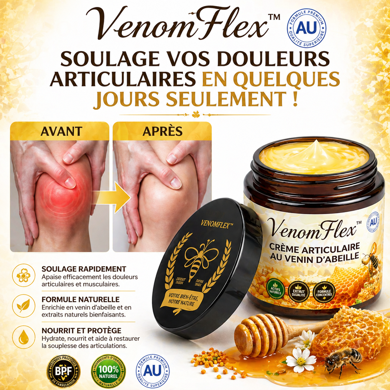 VenomFlex™ Crème Articulaire au Venin d’Abeille | Soulage les douleurs et libère vos articulations en 10 minutes !
