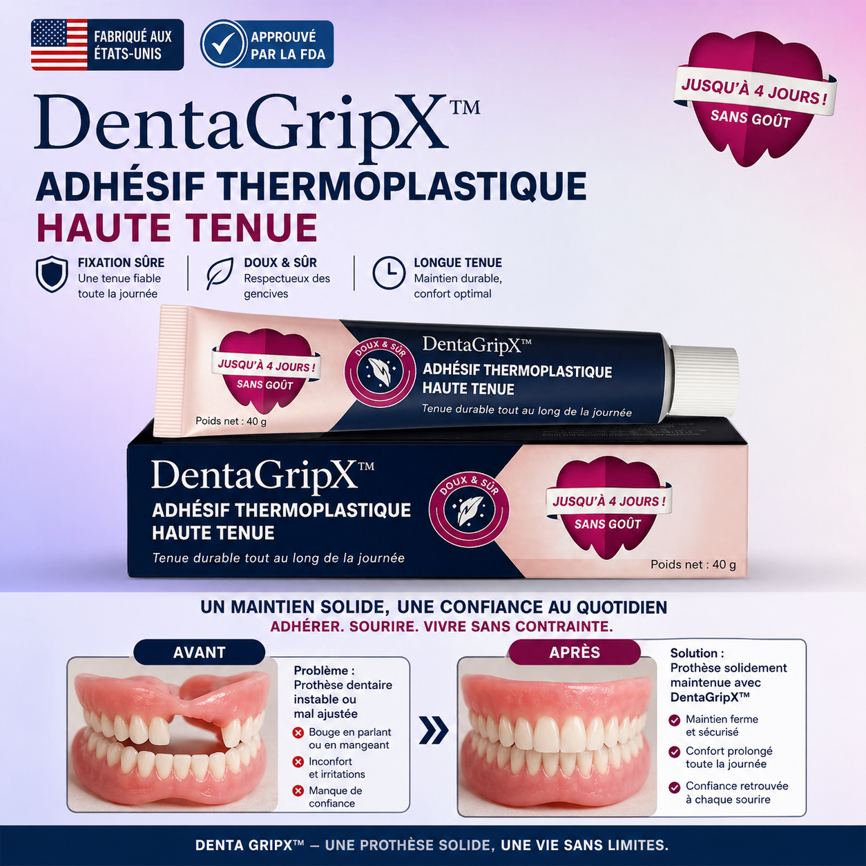 DentaGripX™ Adhésif Thermoplastique Haute Tenue | Fixe instantanément votre prothèse, stoppe les mouvements gênants en 3 minutes !