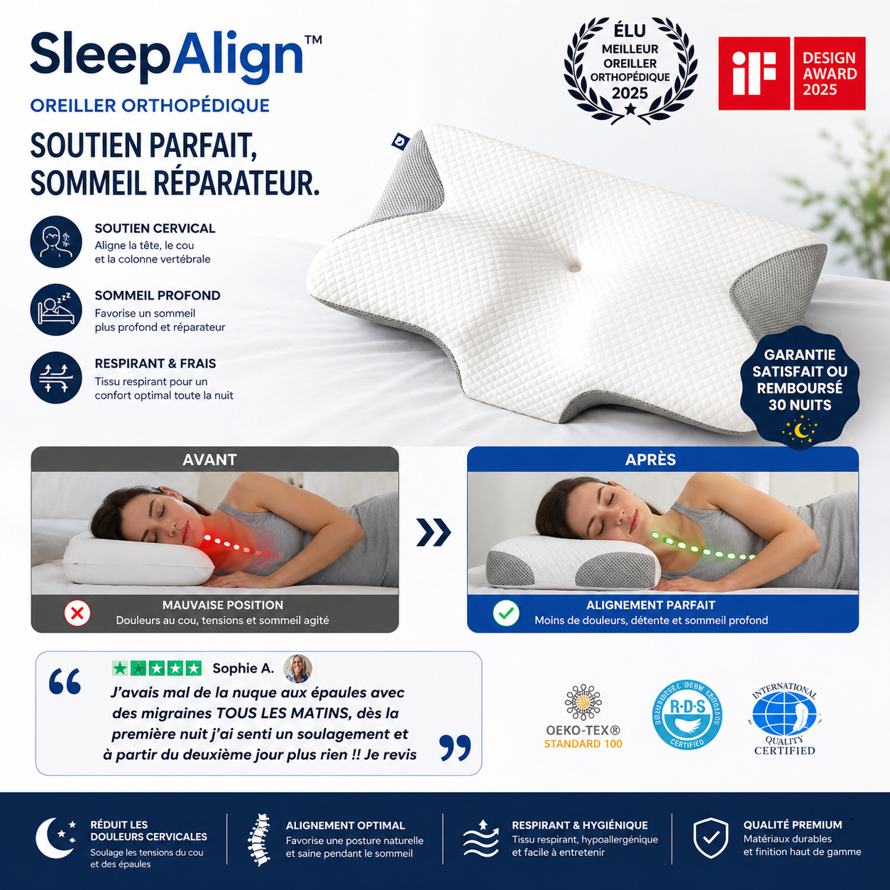 SleepAlign™ Oreiller Orthopédique | Soulage vos douleurs cervicales et réduit les ronflements dès la première nuit !