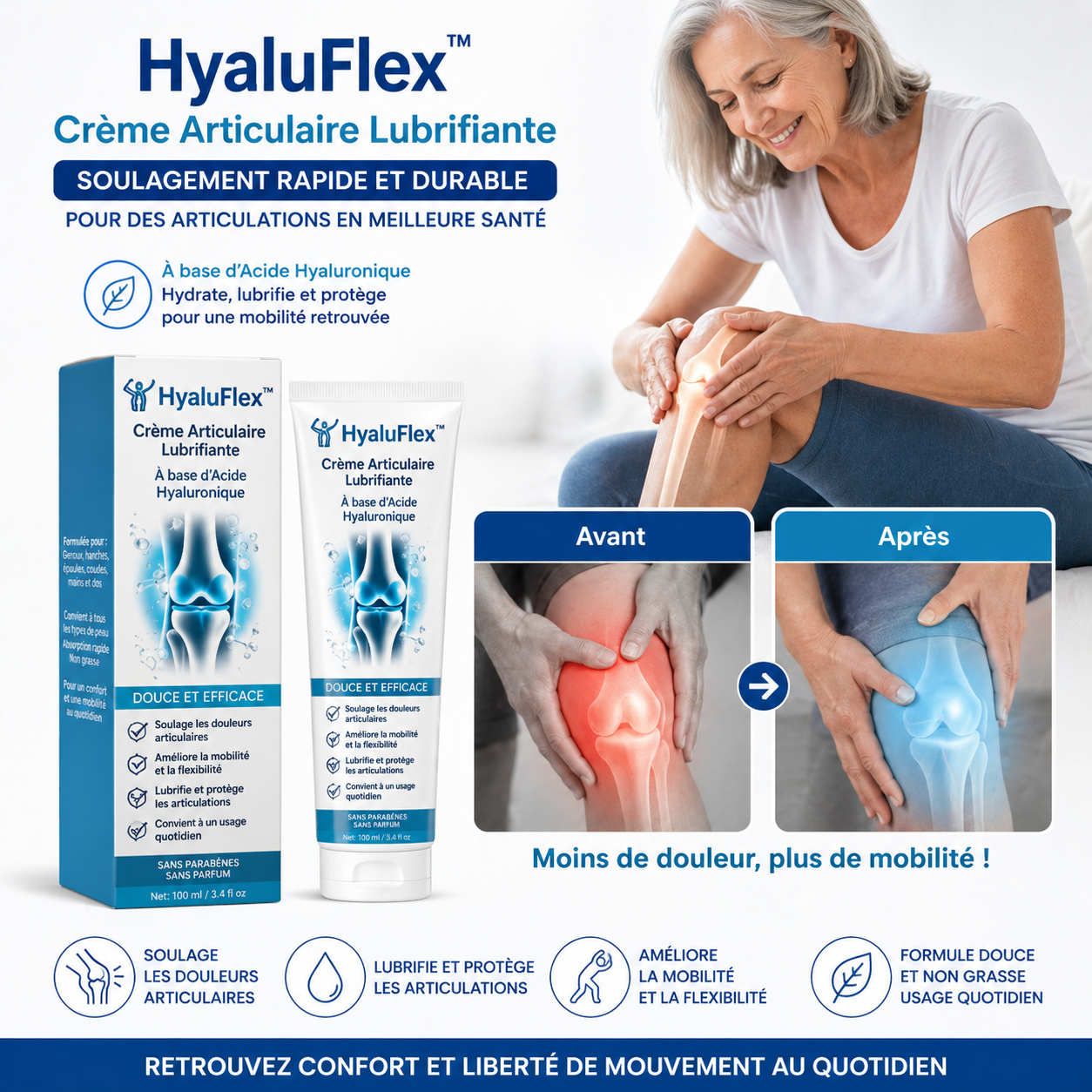 HyaluFlex™ Crème Articulaire Lubrifiante | Supprimez vos douleurs aux genoux en 5 minutes chrono !