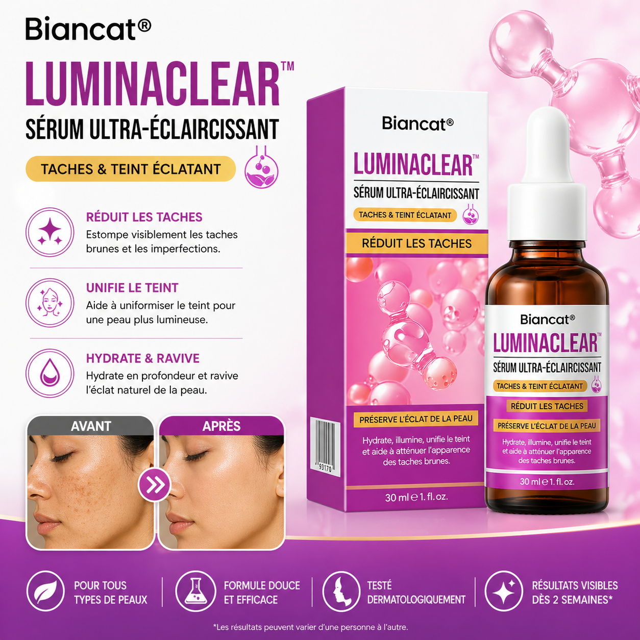 LuminaClear™ Sérum Ultra-Éclaircissant à l’Acide Kojique | Élimine les taches brunes en 3 jours chrono!