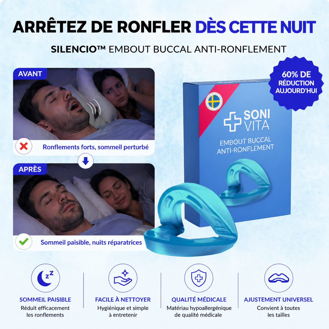 Silencio™ Embout Buccal Anti-Ronflement | Stoppez les ronflements dès la 1re nuit, ou dormez seul à vie!