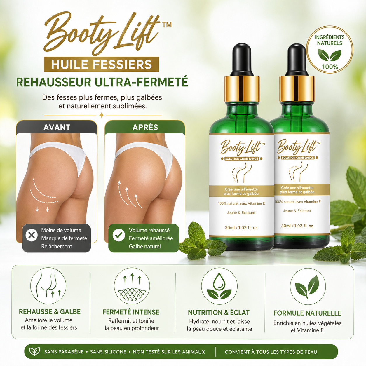 BootyLift™ Huile Fessiers Rehausseur Ultra-Fermeté | Obtenez un fessier galbé et bombé en 7 jours chrono!