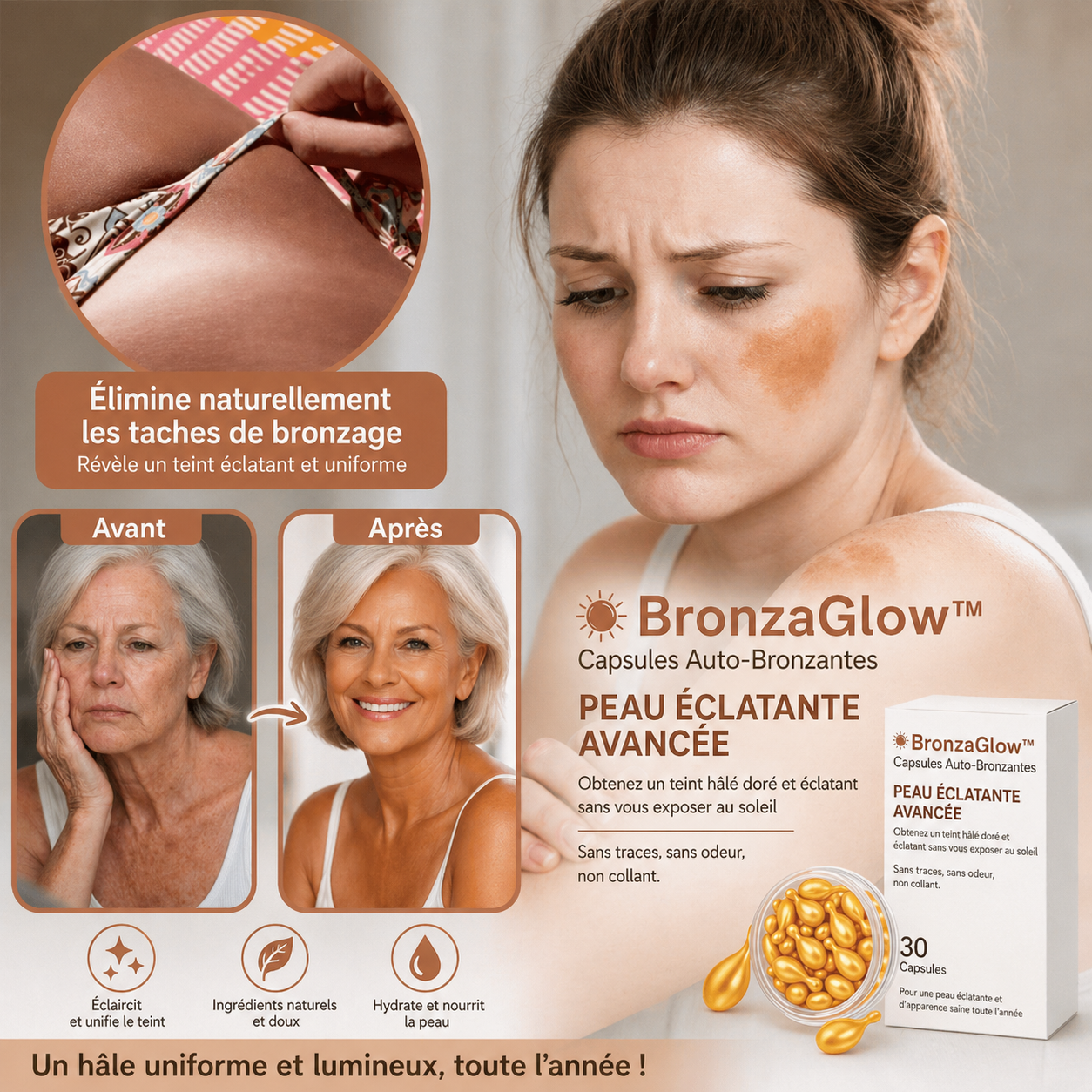 BronzaGlow™ Capsules Auto-Bronzantes | Obtenez un teint hâlé et lumineux en 5 jours chrono, sans UV ni soleil !