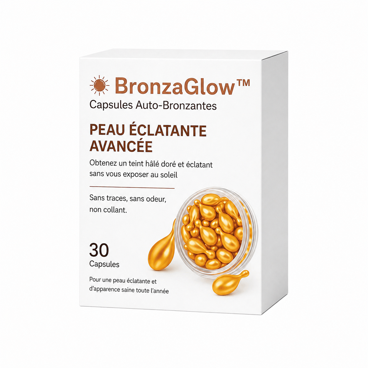 BronzaGlow™ Capsules Auto-Bronzantes | Obtenez un teint hâlé et lumineux en 5 jours chrono, sans UV ni soleil !