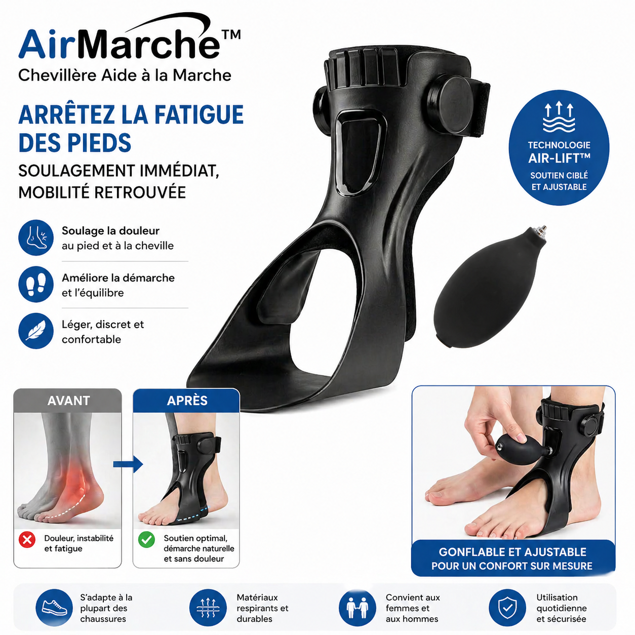 AirMarche™ Chevillère Aide à la Marche | Fini le pied qui traîne, remarchez normalement dès le premier pas !