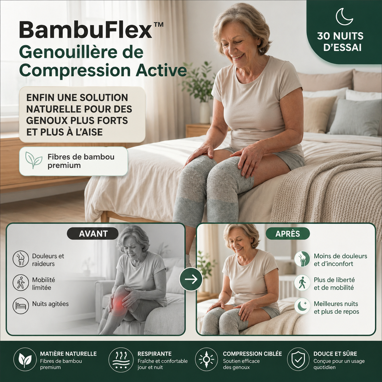 BambuFlex™ Genouillère de Compression Active | Supprime vos douleurs articulaires en 3 minutes chrono !