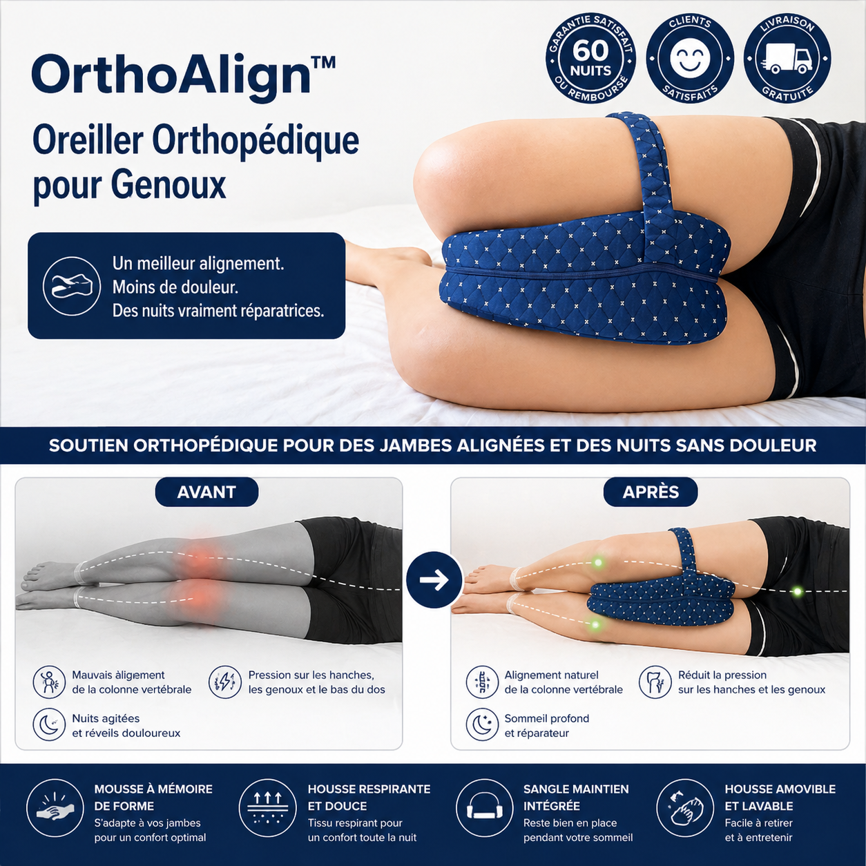 OrthoAlign™ Oreiller Orthopédique pour Genoux | Réaligne votre colonne vertébrale et offre un sommeil profond dès la première nuit !